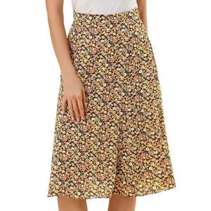 Women's Midi Skirt Peasant Elastic Waist A-Line Ditsy Leave Print Brown Orange